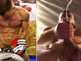 A real russian fighter in training fucks his boxing bag and cums on gay men's faces...